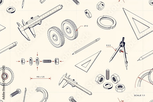 Technical engineering pattern featuring isometric mechanical parts, calipers, gears, nuts, bolts, rulers, and drafting tools on grid paper
