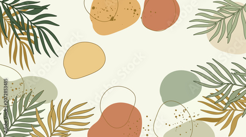 Abstrakter Hintergrund mit organischen Formen und stilisierten tropischen Blättern in erdigen Tönen, perfekt für minimalistische Designs und natürliche Produktpräsentationen.