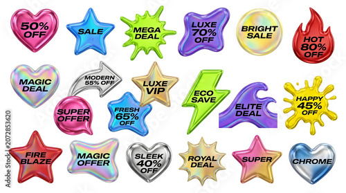 Set of 3d glossy sale badges, promotional stickers, and discount labels with holographic, metallic, and vibrant textures isolated on transparent background