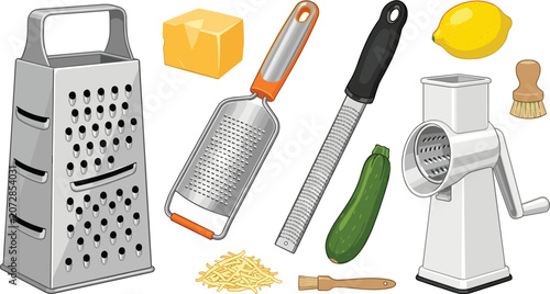 Fotografie Kitchen grater and food shredder utensils vector collection
