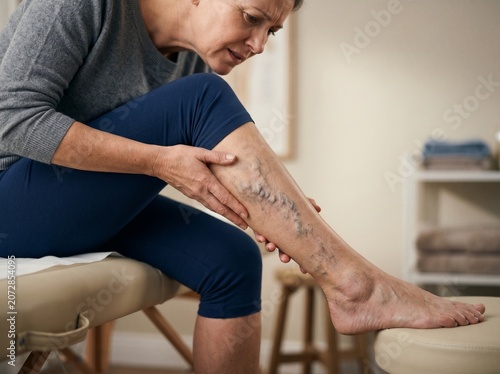 female experiencing leg discomfort varicose veins circulation issue medical illustration
