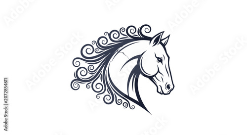 Bild auf Leinwand Elegant Stylized Horse Head with Swirling Mane in Dark Blue, isolated white back