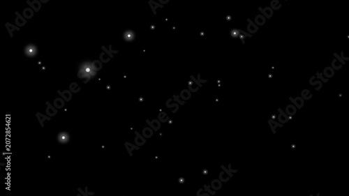 Floating white glowing particles, abstract dust motion background, bokeh light effect.