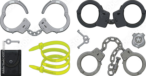 Bild auf Leinwand Law enforcement handcuffs and police restraint vector equipment set