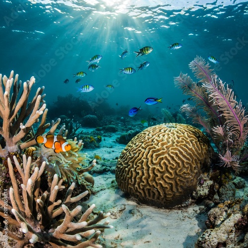 Underwater view of a vibrant coral reef with a clownfish in an anemone, brain coral, and a school of tropical fish swimming in clear blue ocean water