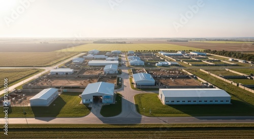 Expansive Agricultural Facility Complex Bathed in Morning Sunlight, Aerial View of Modern Rural Infrastructure