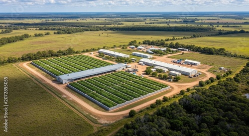 Expansive Agricultural Farm Facility with Rows of Greenery and Surrounding Countryside Under a Cloudy Sky