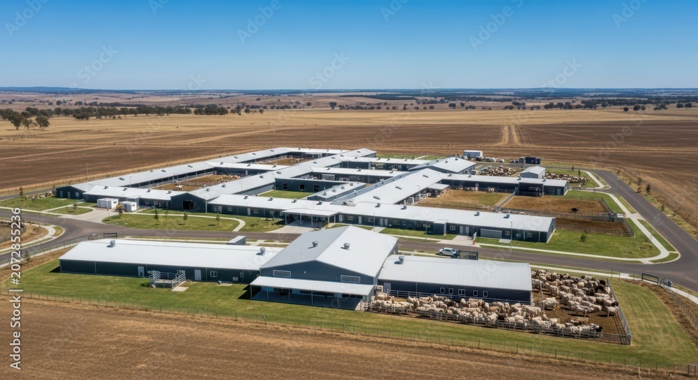Fototapeta premium Expansive Animal Quarantine Facility Situated in Rural Agricultural Landscape Under Clear Blue Sky