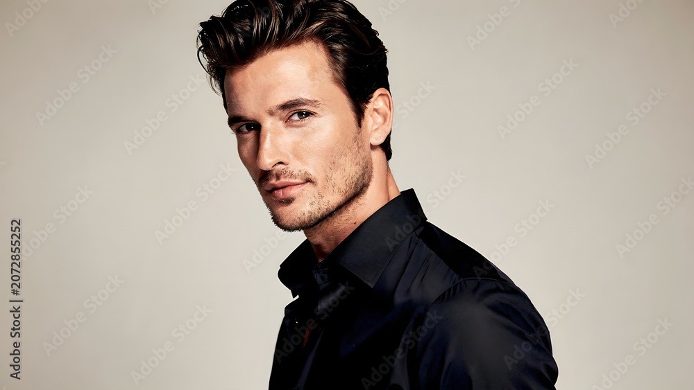 Obraz premium Striking Mature Man in Dark Shirt Pose Taunting Light Background