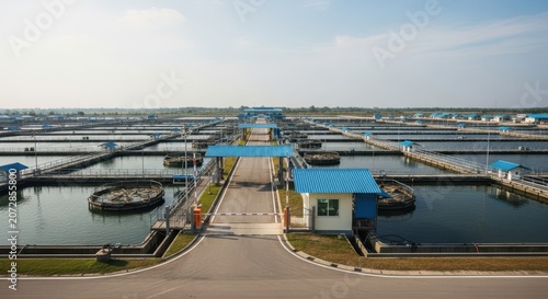 Expansive Industrial Shrimp Farm Facility Under Bright Daylight Sky