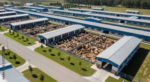 Expansive Livestock Facility with Numerous Animal Enclosures Seen From Above