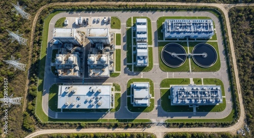 Expansive industrial water treatment facility complex seen from an aerial perspective, showcasing modern engineering and operational scale.