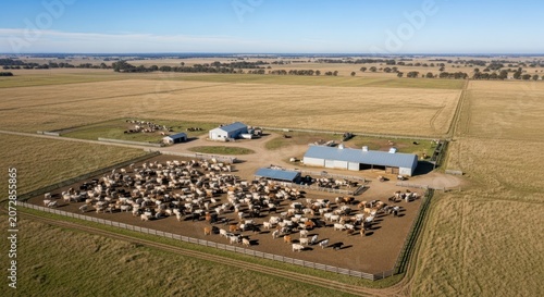 Expansive livestock farm with a large herd of cattle gathered in an open-air enclosure, surrounded by agricultural fields under a clear blue sky.