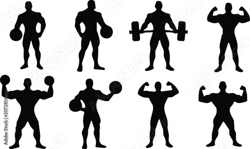 Tableau sur toile Muscular male bodybuilder silhouettes collection lifting weights and flexing mus