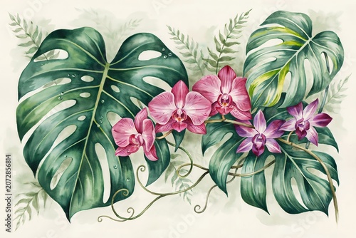 Watercolor of vibrant pink orchid flowers surrounded by large green monstera leaves and delicate fern fronds on light background