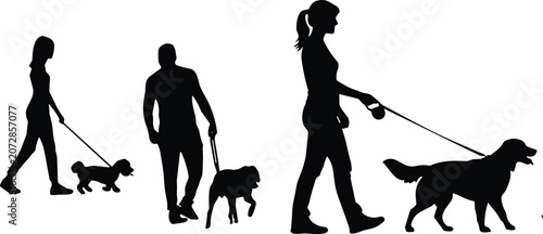Foto Silhouette of people walking their dogs on a leash vector illustration set isola