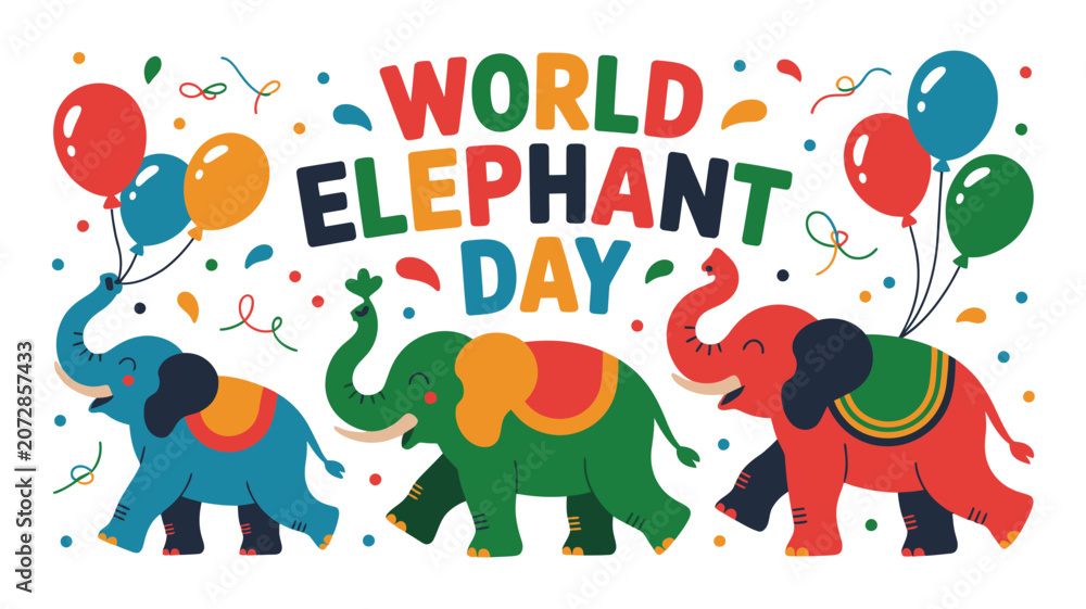 Naklejka premium World elephant day celebration illustration with cute colorful elephants holding balloons and confetti