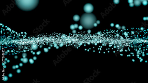 Abstract light blue particle wave flowing through dark space. Futuristic digital data stream, AI technology, network communication, quantum computing, and big data visualization background.