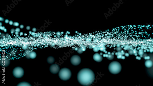 Abstract light blue particle wave flowing through dark space. Futuristic digital data stream, AI technology, network communication, quantum computing, and big data visualization background.