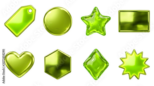 Set of 3d glossy green shapes isolated on transparent background
