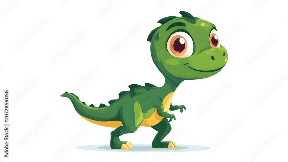 Fototapeta premium Green Cartoon Dinosaur Standing on White Background