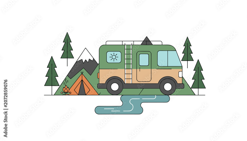 Obraz premium Green recreational vehicle camper parked near a campfire and tent in a scenic mountain forest next to a river.