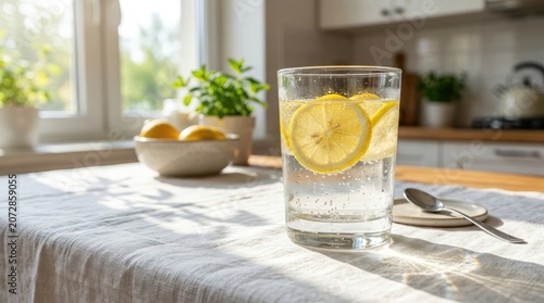 A refreshing glass of lemon water sits on a white tablecloth with a bowl of lemons and cutlery nearby in a sunny kitchen.