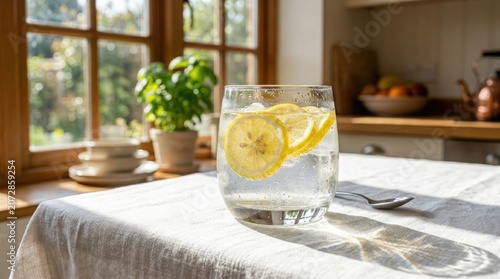 A refreshing glass of lemon water with condensation sits on a table by a sunny window in a kitchen.