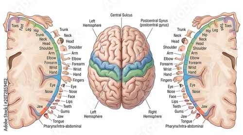 Human brain functional anatomy diagram showing motor cortex and cortical mapping