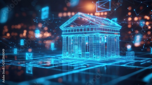A futuristic holographic representation of a modern banking or financial institution set against a backdrop of a technologically advanced neon lit urban landscape