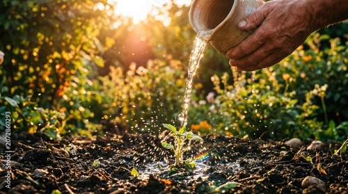 A person waters a young plant in a garden with a watering can on a sunny day surrounded by lush greenery and flowers.