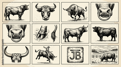 Tableau sur toile Vintage illustrations of cattle including bulls and heifers