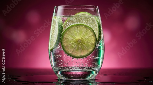 A refreshing glass of carbonated water with lime slices on a dark surface with a pink background