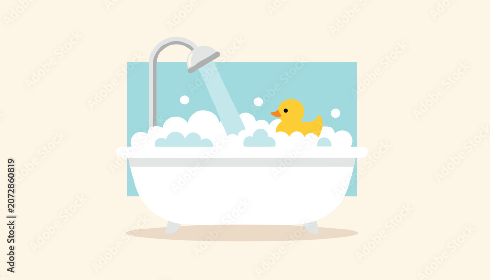 Naklejka premium Cozy white bathtub filled with fluffy soap bubbles and a cute yellow rubber duck floating under a running shower stream.