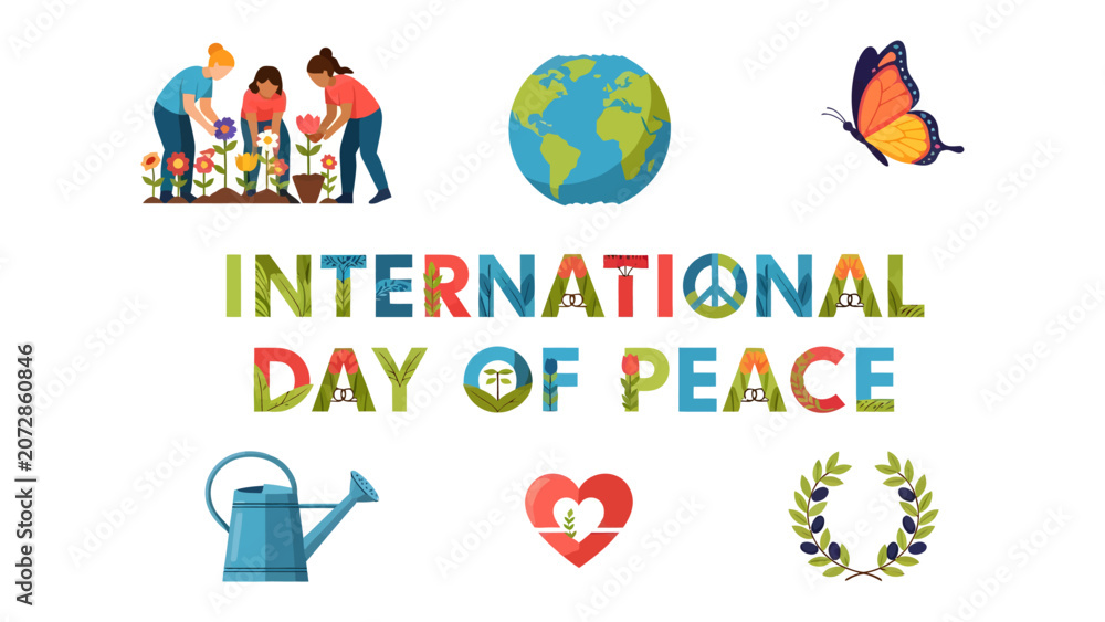 Fototapeta premium International Day of Peace Symbols: A vibrant illustration depicting the International Day of Peace with symbols of global unity, harmony, and environmental stewardship, including planting, the Earth.