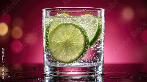 Lime slices splash into a glass of clear drink on a table.