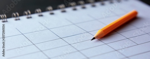 A close-up of a blank calendar page with grid lines and an orange pencil resting on it, suggesting planning or scheduling.
