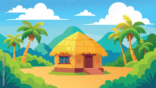 Φωτογραφία Thatched hut nestled in lush tropical landscape with palm trees under a blue sky