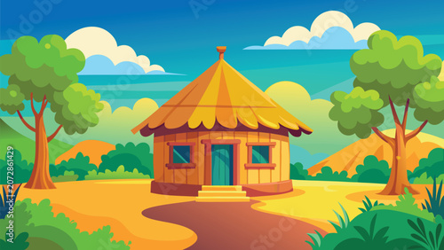 Photos Thatched roof hut in lush landscape with trees during daytime vector illustratio