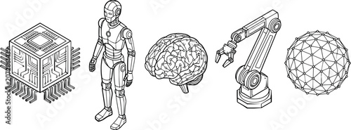 Vector illustration of technology and artificial intelligence concepts including robot, microchip, brain and robotic arm in black and white