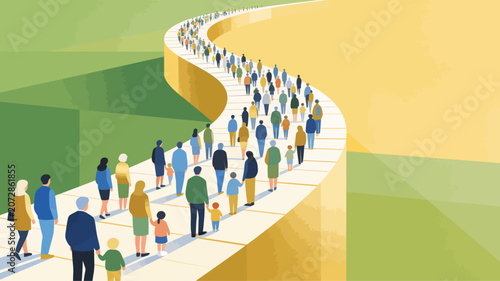 Diverse group of people walking on a winding golden path through a minimalist landscape representing a collective journey