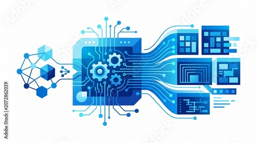 Digital processor chip with gear icons and network lines