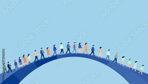 Diverse people walking over a blue archway representing progress and collective journey