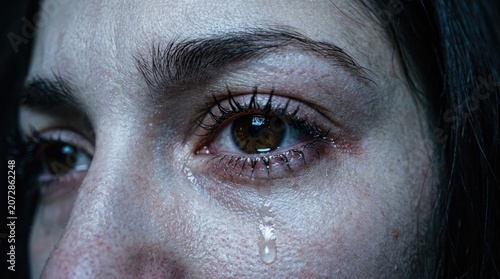 A tear rolls down a woman's sad face with mascara on her eyes