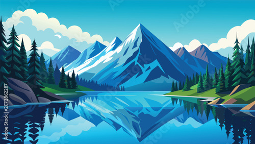 Canvastavla Vector a serene mountain lake reflecting snow-capped peaks under a clear blue sk