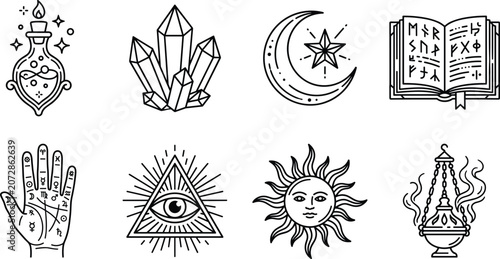 Cuadro en lienzo Esoteric symbols in clean linework style on white representing magic astrology a