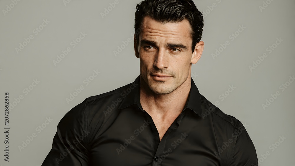 Obraz premium Handsome Man in Black Shirt Looking Thoughtful