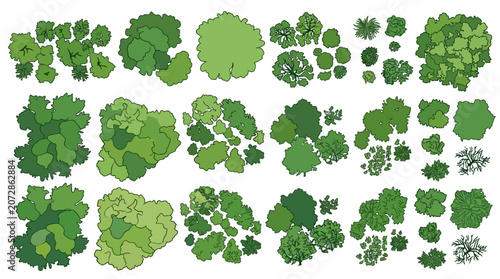 Set di alberi e cespugli visti dall'alto per progetti di architettura, paesaggistica e design urbano, illustrazioni vettoriali stilizzate con diverse forme e tonalità di verde.