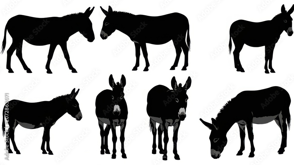 Fototapeta premium Black donkeys in various standing poses