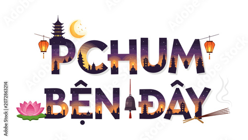Foto Mid-Autumn Festival Greetings: Text art featuring the words PCHUM BÊN ĐÂY decorated with traditional festival elements like pagodas, lanterns, a crescent moon, lotus flowers, and incense